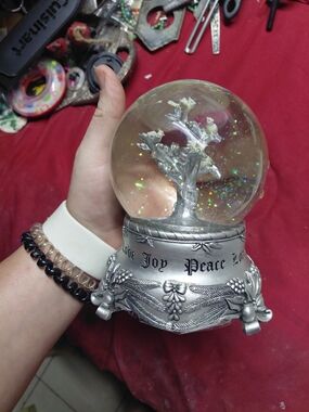 Northlight "Peace Love Joy" musical snow globe featuring white doves on a tree b